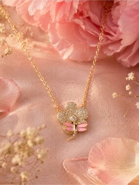 Lily Nily CZ Flower Dragonfly Necklace LN508N 18K Gold Plated Pink Enamel NIB